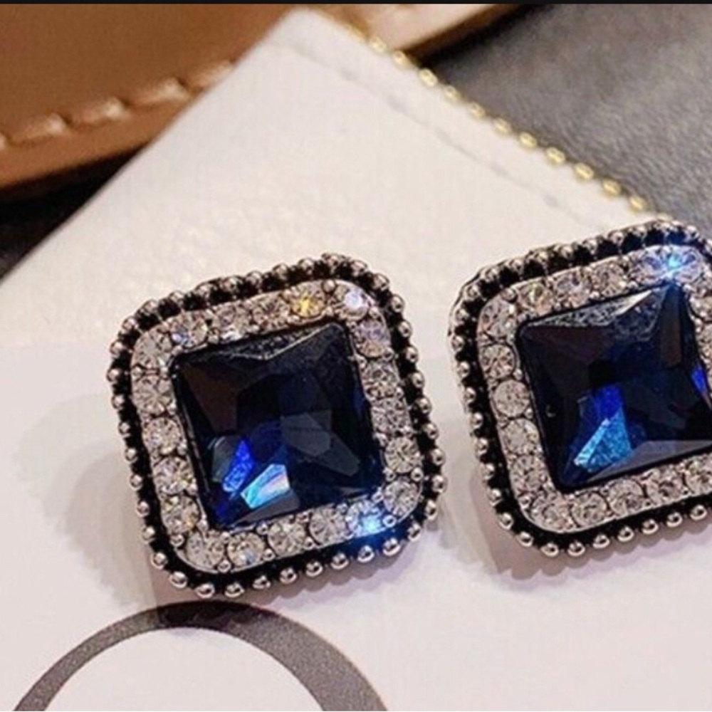 Faux Sapphire and Rhinestone Square Stud Earrings 9.25 post .